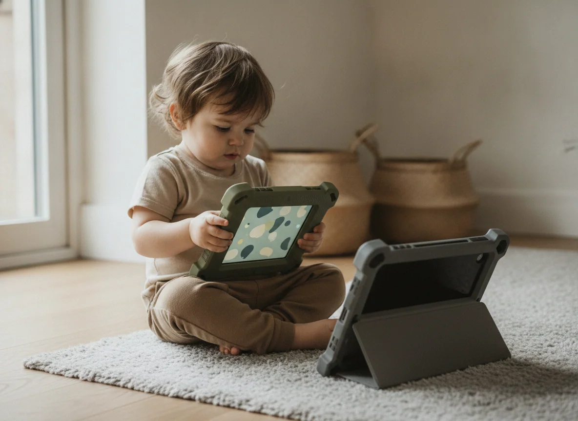 A small child holds the more compact protected tablet while the larger protected tablet rests beside it.