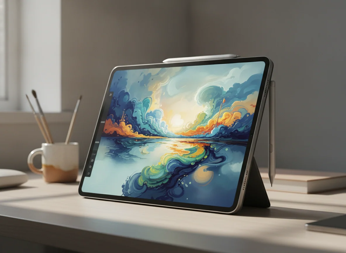 A thin tablet with a magnetic stylus on its edge, showing a colorful drawing in progress on the screen.