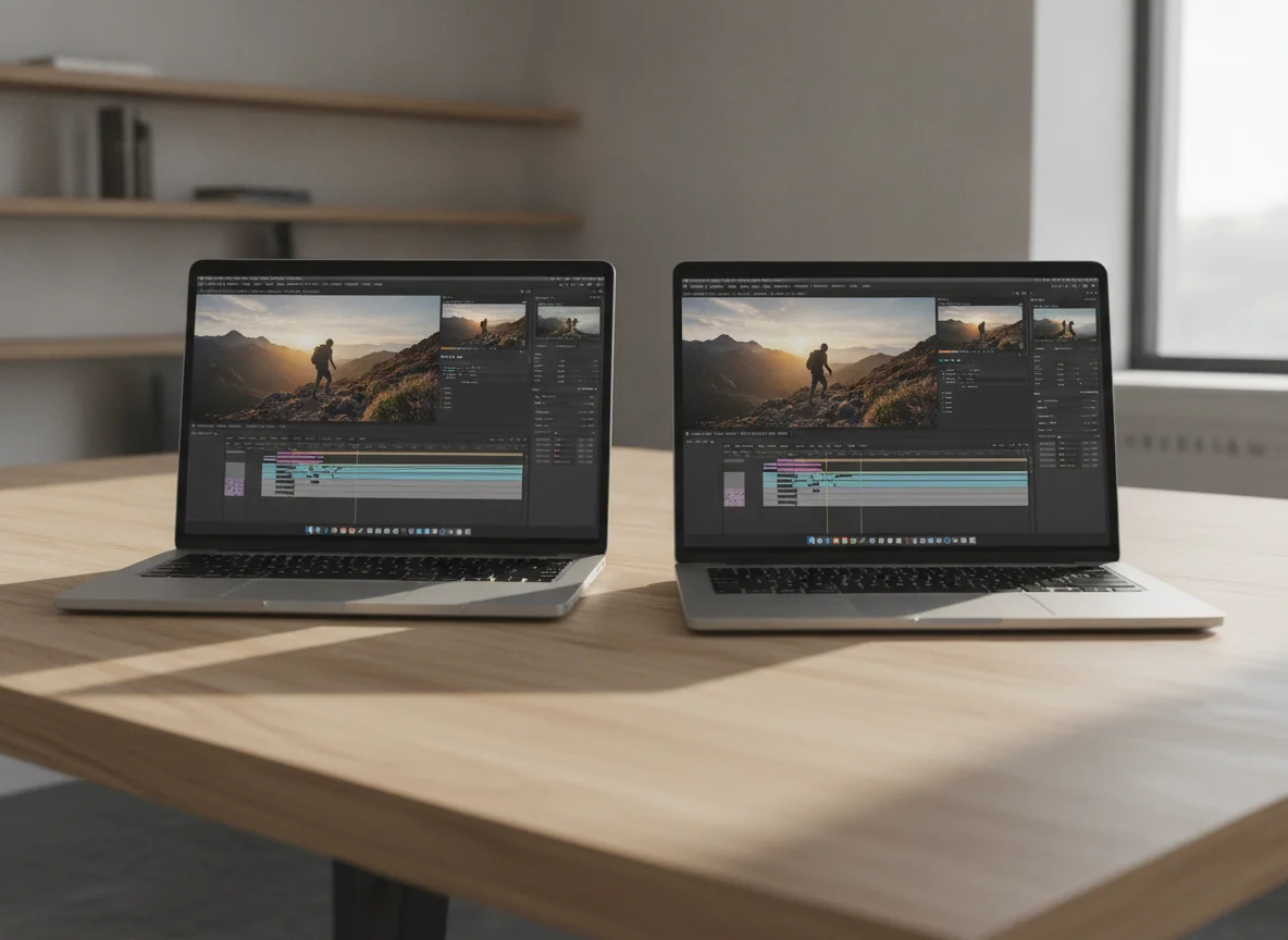 The two 16-inch laptop screens show the same high-resolution footage and editing controls side by side.