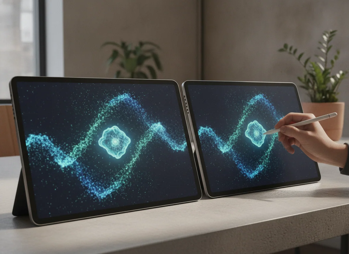 The two large tablet displays show the same detailed video frame while a hand uses a stylus on one screen.