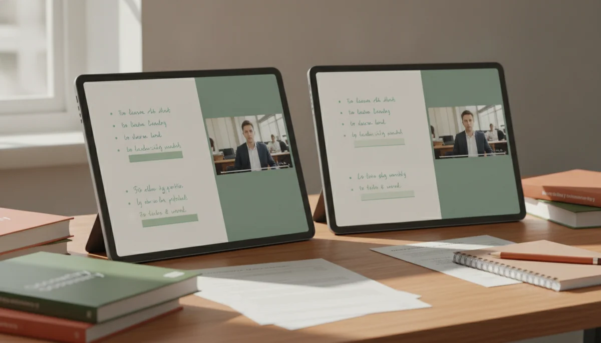 Two large budget tablets stand on a study desk with schoolbooks, each showing a split screen of notes and a video.