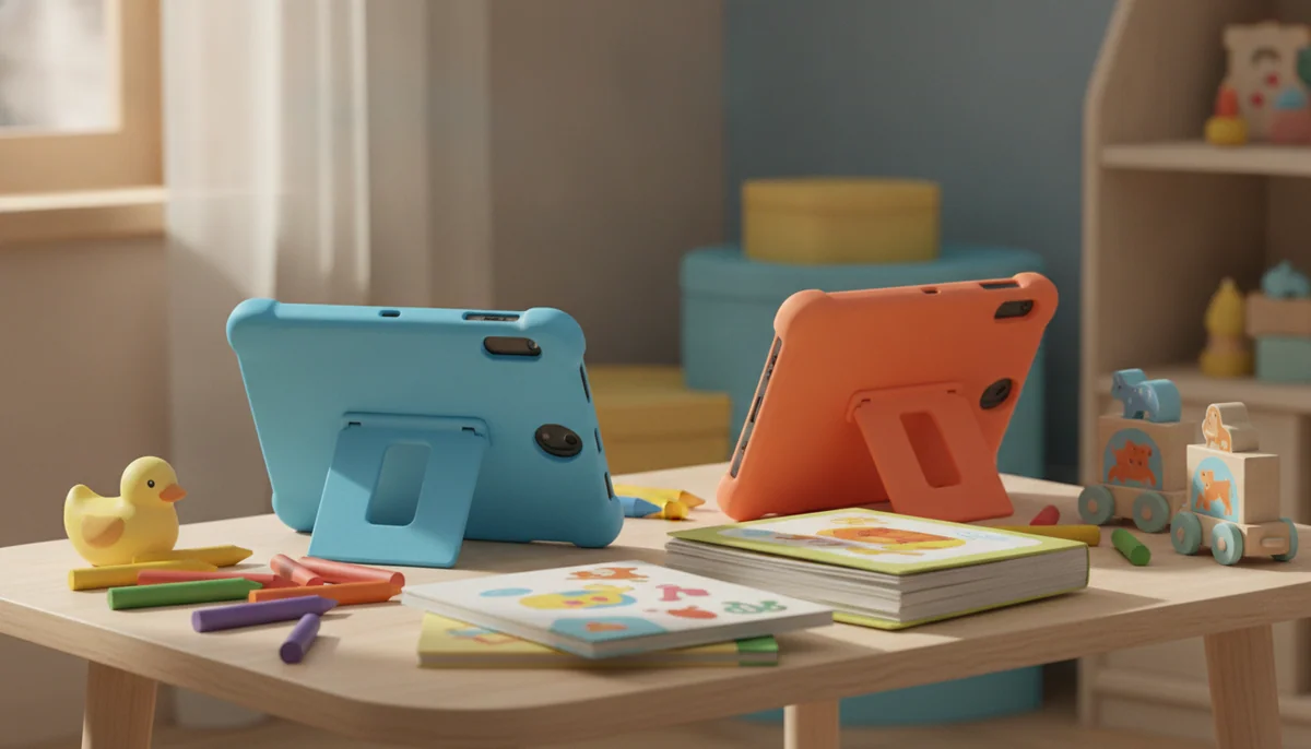 Two child-safe tablets in thick colorful cases sit on a playroom table beside crayons, picture books, and small toys.