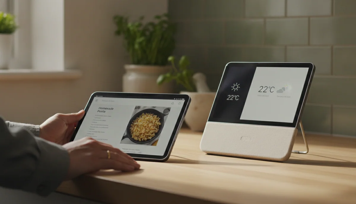 A compact tablet and a small smart display sit side by side on a kitchen counter, one held in hand and one fixed on its stand.