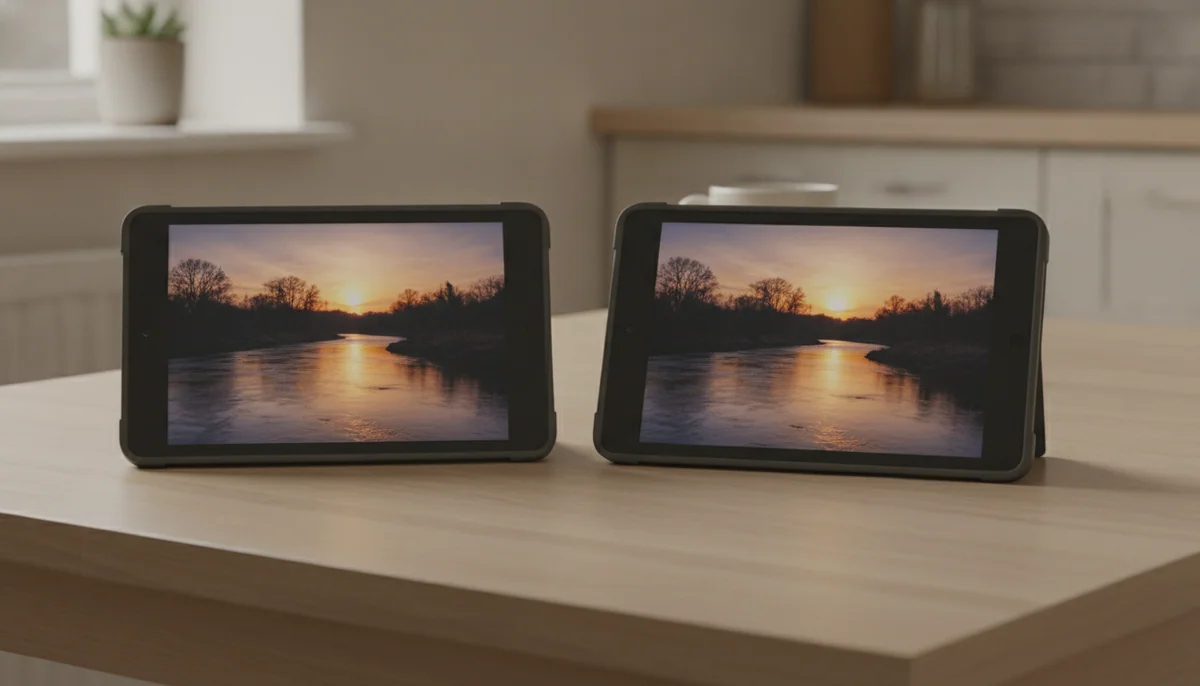 Two compact budget tablets with matching dark cases sit side by side on a simple kitchen table, both showing the same video.