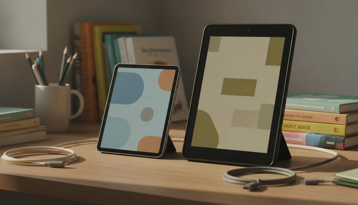 A compact tablet and a larger budget tablet stand side by side on a family desk with books and charging cables.
