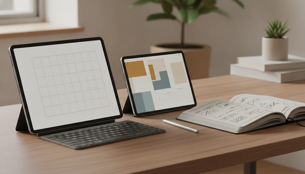 A large tablet and a slightly smaller tablet are arranged on a desk with a keyboard, stylus, and open planning pages.