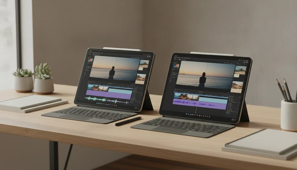 Two 13-inch tablets sit on a wide creative desk with matching keyboard covers, a stylus, and the same video project open.