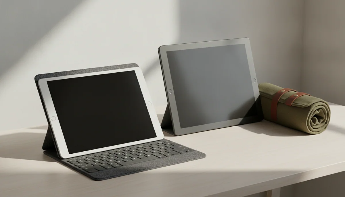 A small premium tablet and a larger premium tablet sit on a desk, one beside a travel pouch and one on a keyboard cover.
