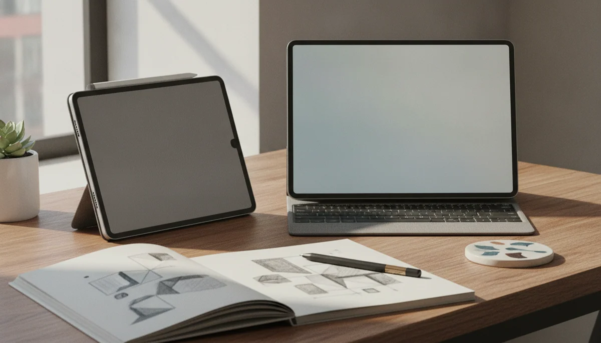A compact premium tablet and a larger thin tablet are placed on a creative desk with a stylus, keyboard cover, and sketchbook.