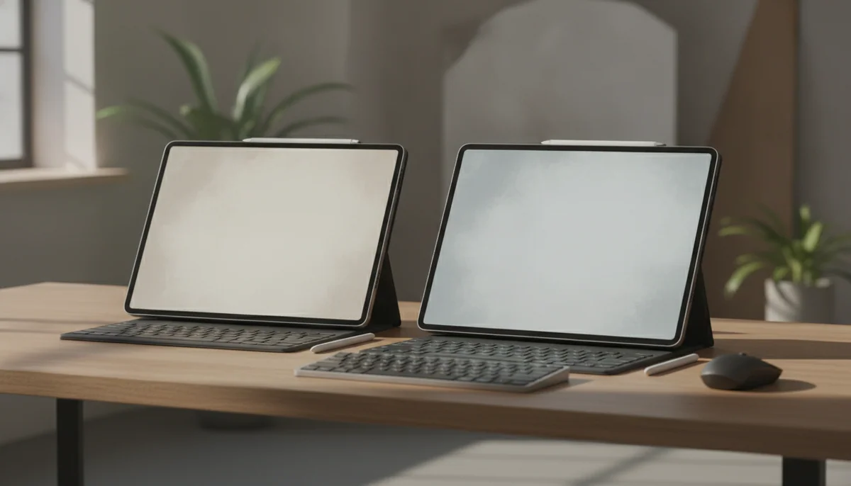 Two extra-large premium tablets sit side by side at a studio desk with keyboard covers, styluses, and wide creative canvases.