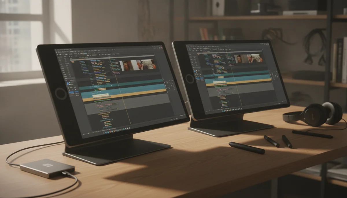Two large professional tablets stand on a video editor's desk with external storage, styluses, and high-resolution footage on screen.