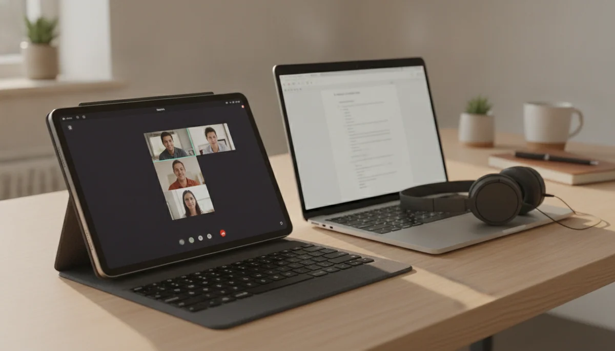A premium tablet with keyboard cover and a thin laptop sit beside each other on a work desk, both used for writing and video calls.