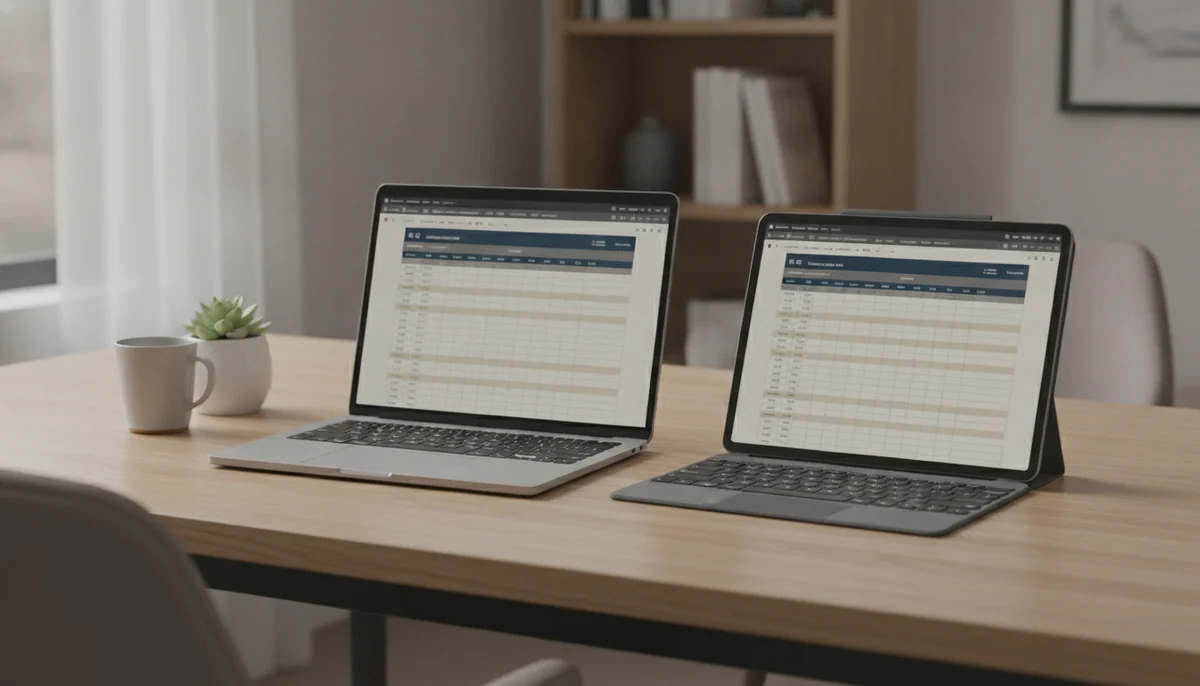 A slim laptop and a tablet with keyboard cover sit side by side on a home office desk, each open to the same work document.