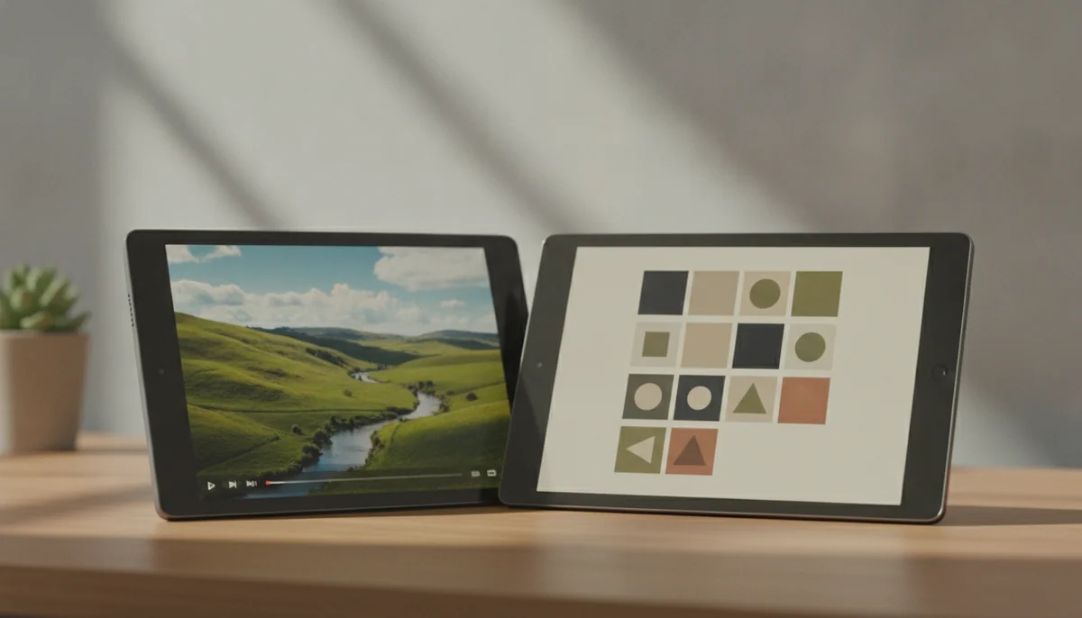 Two compact entry-level tablets sit side by side on a modest desk, one showing a video and the other showing an app grid.