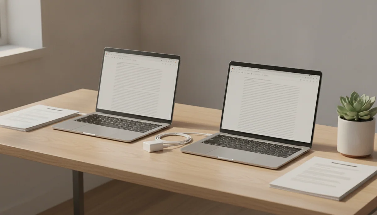 Two slim laptops sit on a bright home office desk with identical documents, a charger, and a small desk plant.