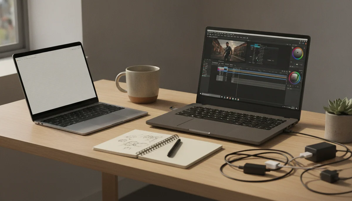 A thin lightweight laptop and a more powerful laptop sit on a creative desk with a notebook, charger, and video project open.